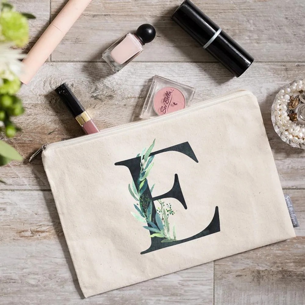 custom Makeup Bridesmaid Gift Bags Team Bride initial greenery make up bag Wedding decoration bridesmaid proposal cosmetic bag