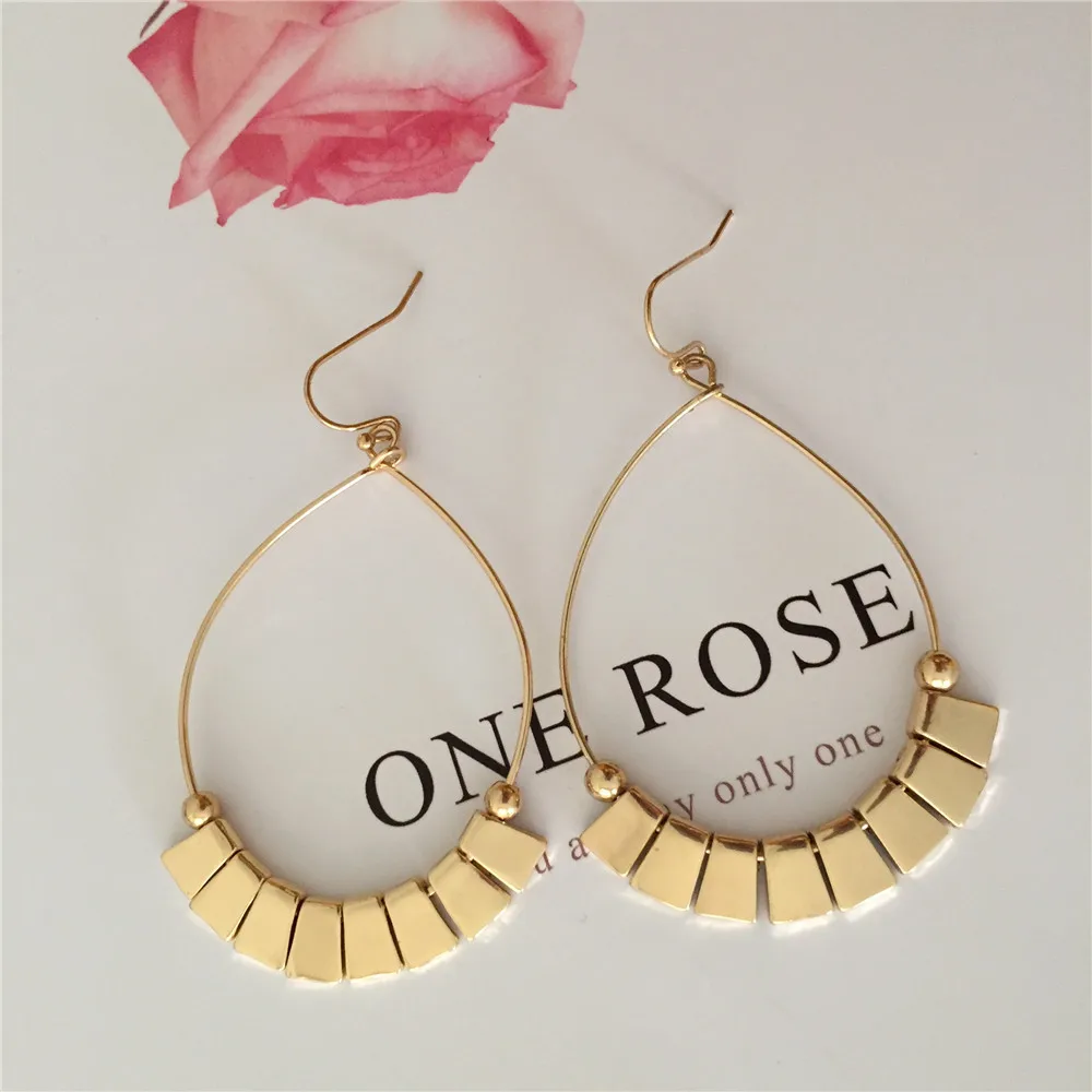 New Fashion Ethnic Style Water Drop Shape Dangle Earring Gold Color Hoop with Small Bead and Zinc Piece Charm Earrings