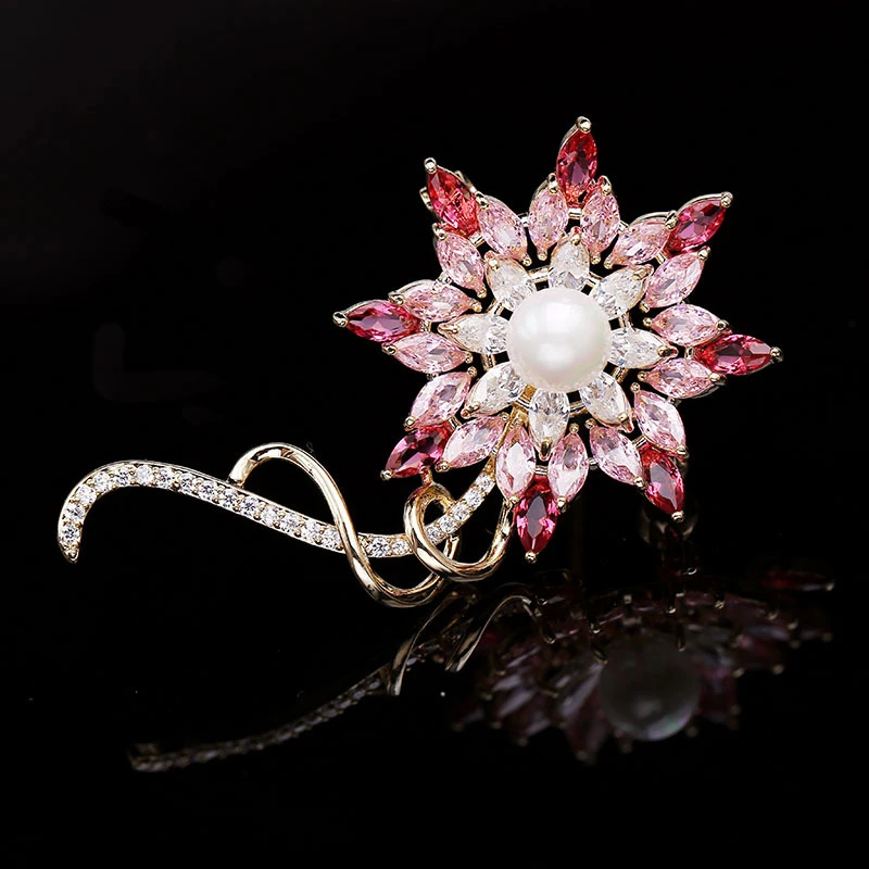 Hot Beautiful Pink Crystal Zircons Flowers Brooches Pins Dress Sash Pin Bridal Wedding Bouquet Brooch Jewelry Gift Broches Mujer