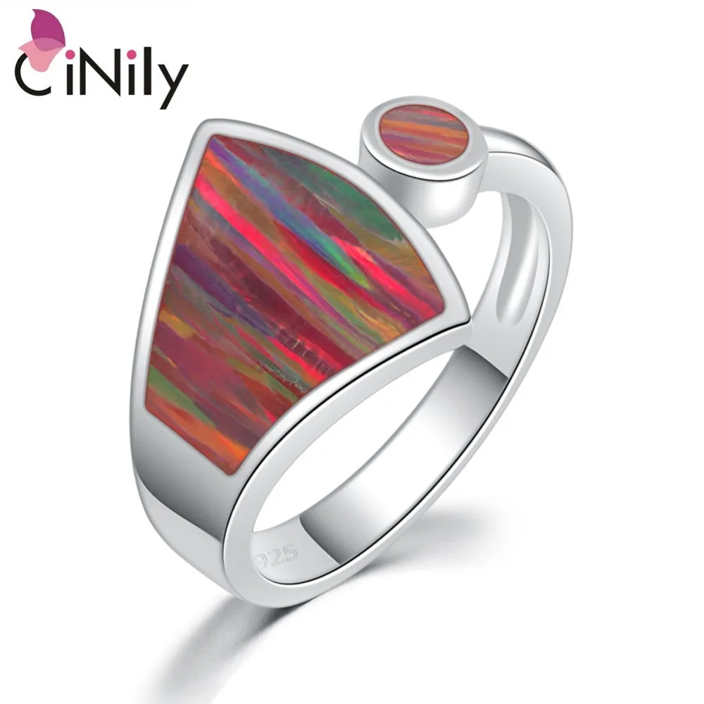 

CiNily Rainbow Large Fire Opal Rings Silver Plated Orange Red Blue Sector Waterdrop Ring With Stone Jewelry Gift for Women Girls