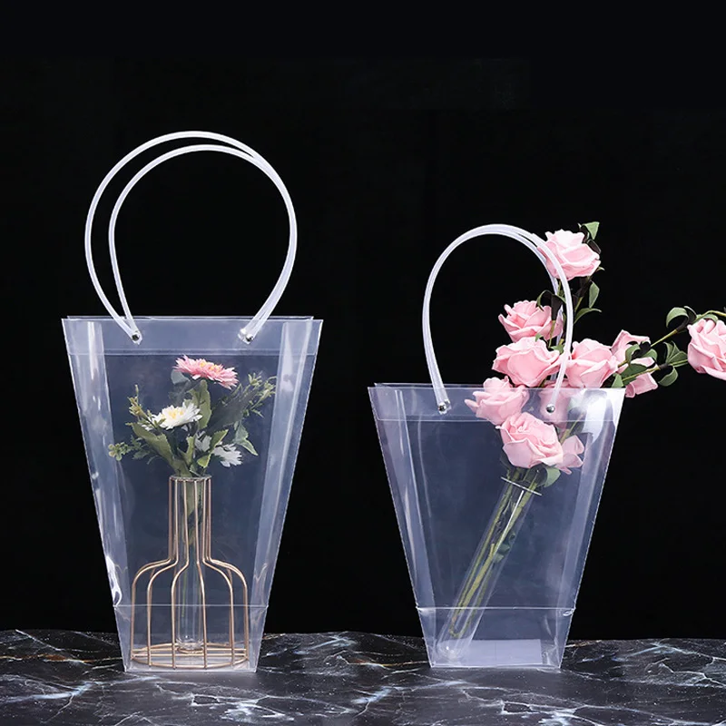 

50Pcs/Lot Trapezoidal Waterproof Transparent Gift Bag Plastic PVC Flower Shop Packaging Bag Party Holiday Flower bags Wholesale