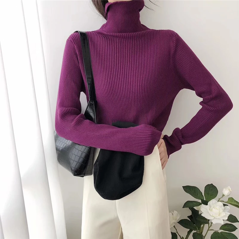 Hirsionsan Casual Turtleneck Sweater Women 2023 Autumn Winter Korean Solid Long Sleeve Knitted Pullovers Slim Basic Pink Sweater