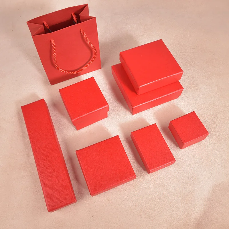 12Pcs Red Paper Jewelry Packaging Box With Black Foam Insert Multi-size Carring Boxes For Necklace Earrings Pendant Watch