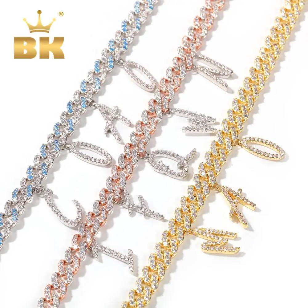 THE BLING KING Pink 9mm Width Cuban Chain With Alphabet Pendant DIY Blue Stones Chain Female Jewelry