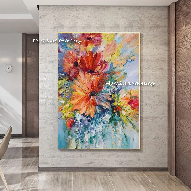 Large Size Abstract Colorful Blue Orange Flower Oil Painting On Canvas Handmade Picture Cuadros Wall Art Home Room Decoration