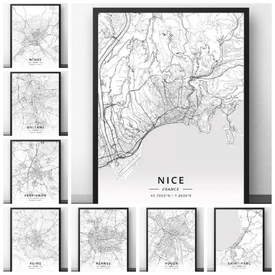 Póster de mapa de Francia, pintura de Nantes, Nantes, Nice, Nimes, Paris, Perpignan, Reims, Rennes, Rouen, Saint-Etienne, Paul, strasons, Toulon, touches