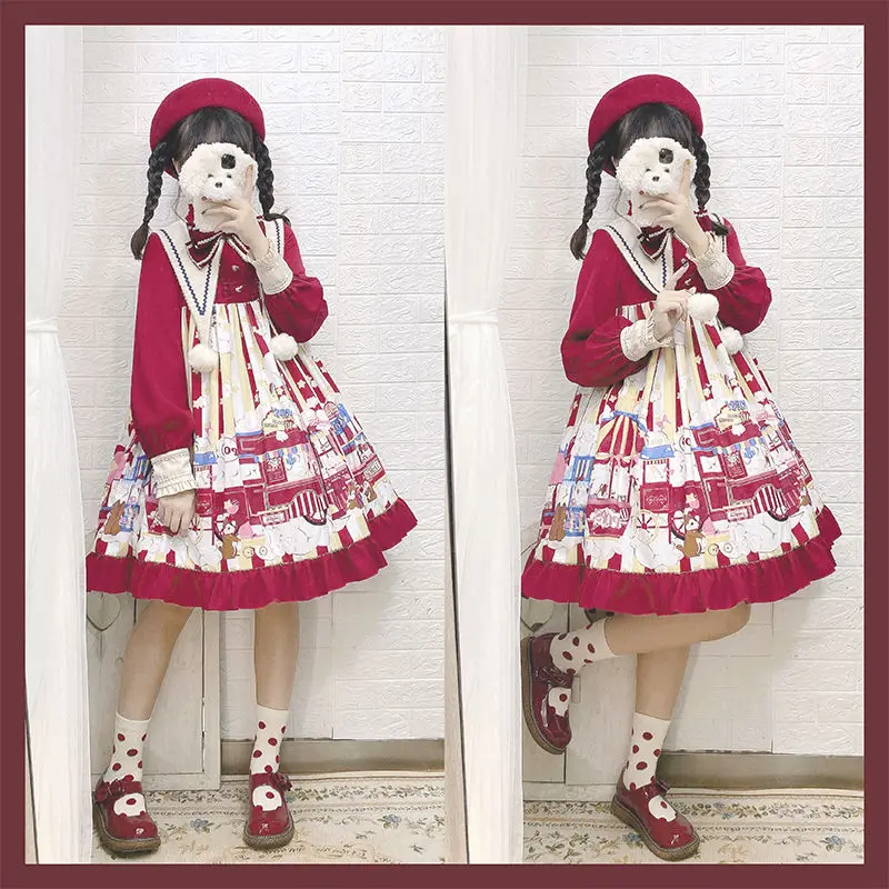 Robe Lolita à manches longues pour filles, tenue de princesse, Vintage, avec nœud, pour noël, nouvel an, japonais