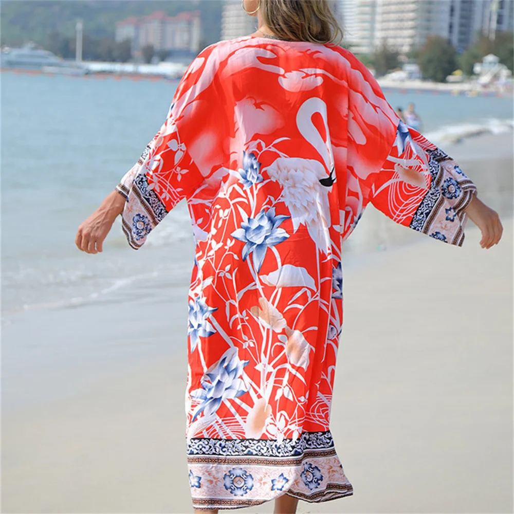 2021 Fashion Casual Cotton Kimono Vintage Beach Cover Up Swimwear Crane Print Pink Long Cardigan Bohemian Oversize Bikini Outing