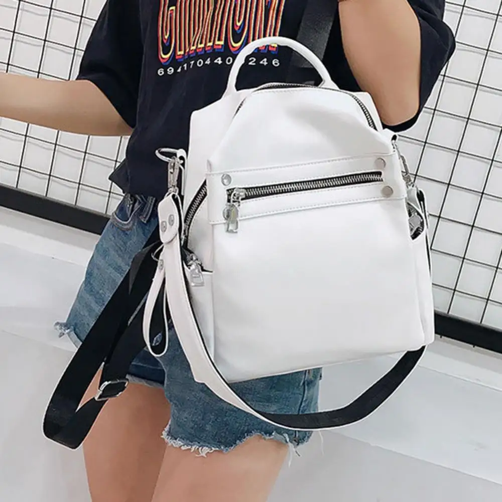 Women Soft Faux Leather Waterproof Backpack Solid Color Zipper Tote Shoulder Bag