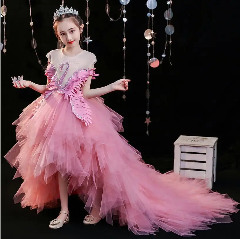 

Swan Crystal Tulle Trailing Girl Dresses Wedding Gown Kids Pageant Party Dress Birthday Party Princess Evening Communion Outfit