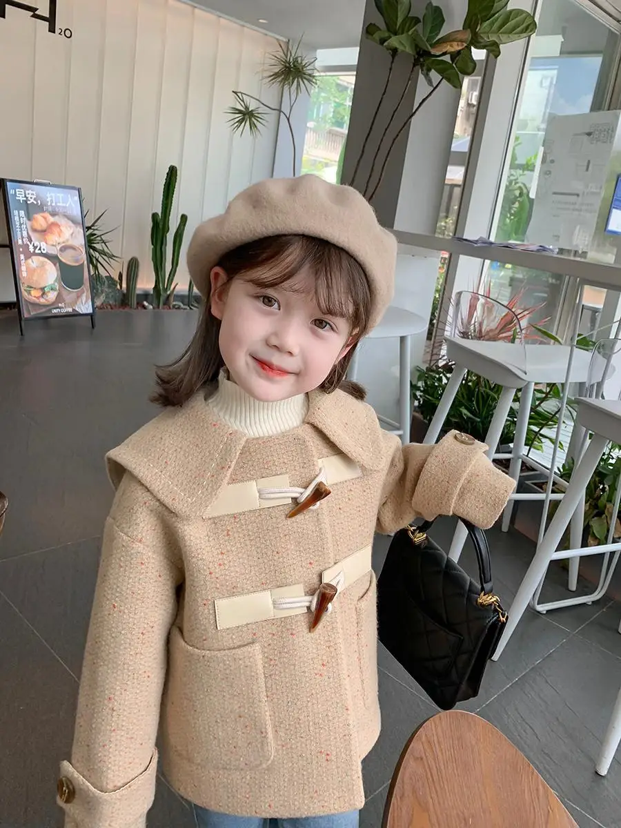 High Quality Girls Woolen Coat 2023 Fall Winter Children's Casual Noble Tweed Jacket Kids Fashionable Horn Buckle Outerwear