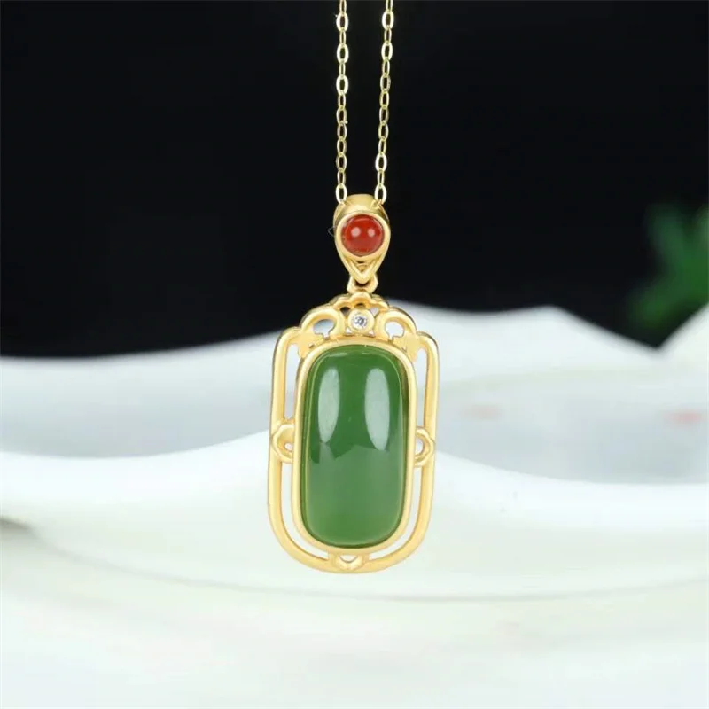 Hot Selling Natural Hand-carved  925 Silver Gufajin Inlay Green Jade Brand Necklace Pendant Fashion Jewelry Men Women Luck Gifts