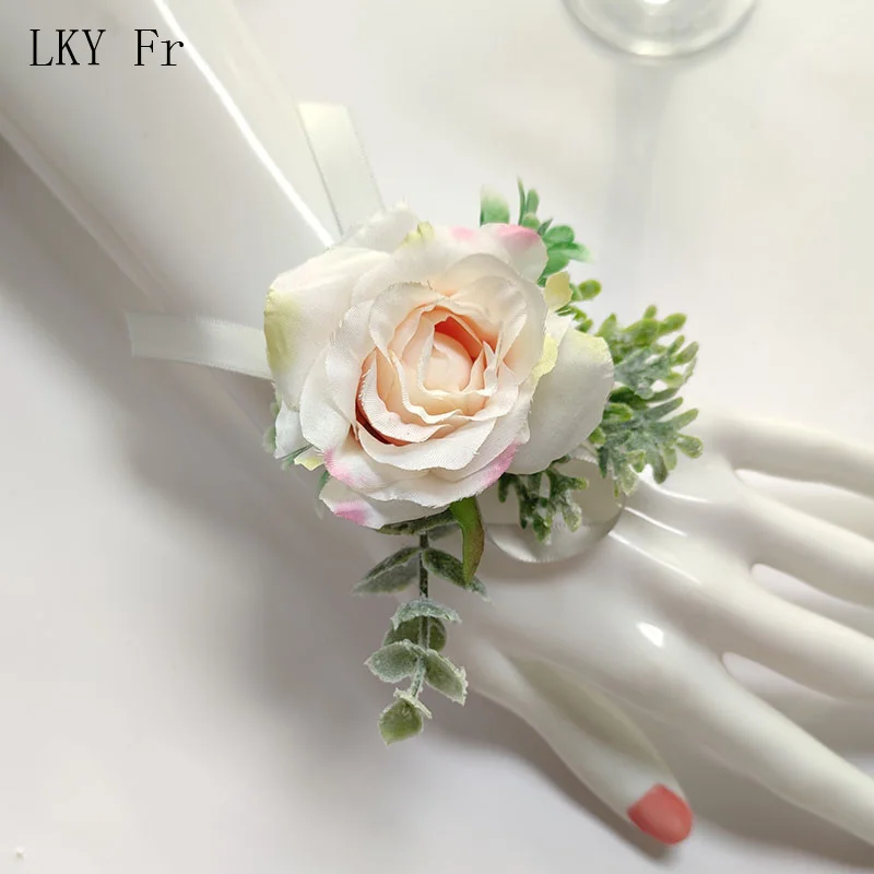 LKY Fr Boutonniere 웨딩 꽃 손목 코사지 팔찌, 아이보리 실크 장미 신랑 버튼홀 신부 들러리 결혼 신부 액세서리