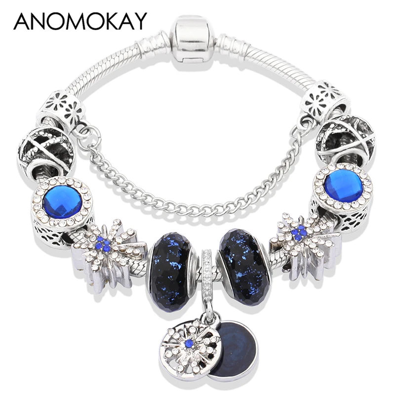 Starry Night Charm Bracelet Royal Blue Crystal Diy Bead Bracelet Silver Plated Snowflake Ball Handmade Bracelet Gift for Men