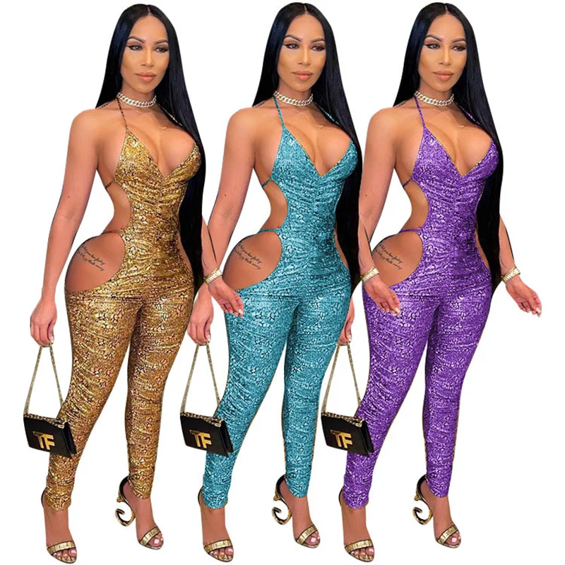 

New Celebrity Lady Bodycon Playsuit Fashion Sexy Women Jumpsuits Shoulder Strap Hollow Out Casual Pant Suits Blue Purple Gold