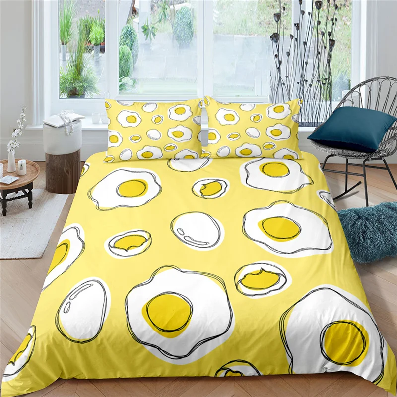 Luxury 3D Cartoon Fried Egg Print 2/3Pcs Kids Teens Bedding Sets Comfortable Duvet Cover Pillowcase Home Textile Queen/King Size