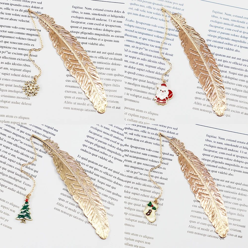 Bonitos marcapáginas de plumas de Metal de Navidad, Santa Claus, copos de nieve, marcas de libros para profesores, regalo, accesorios para libros hermosos