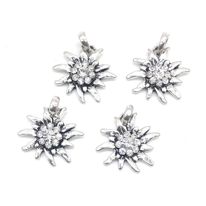 4pcs Antique Silver Small Flower Pendants Necklace Accessories Rhinestone Edelweiss Charm Making Jewelry Finding Making 25*30mm