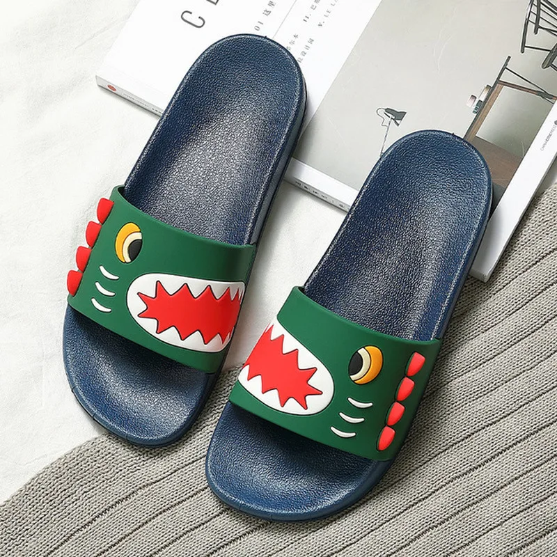 Women Summer Slippers Indoor Home Cute Cartoon Dinosaur Fretwork Thick Flat Heel Bathroom Slides Non Slip Cute Ladies Shoes 2021
