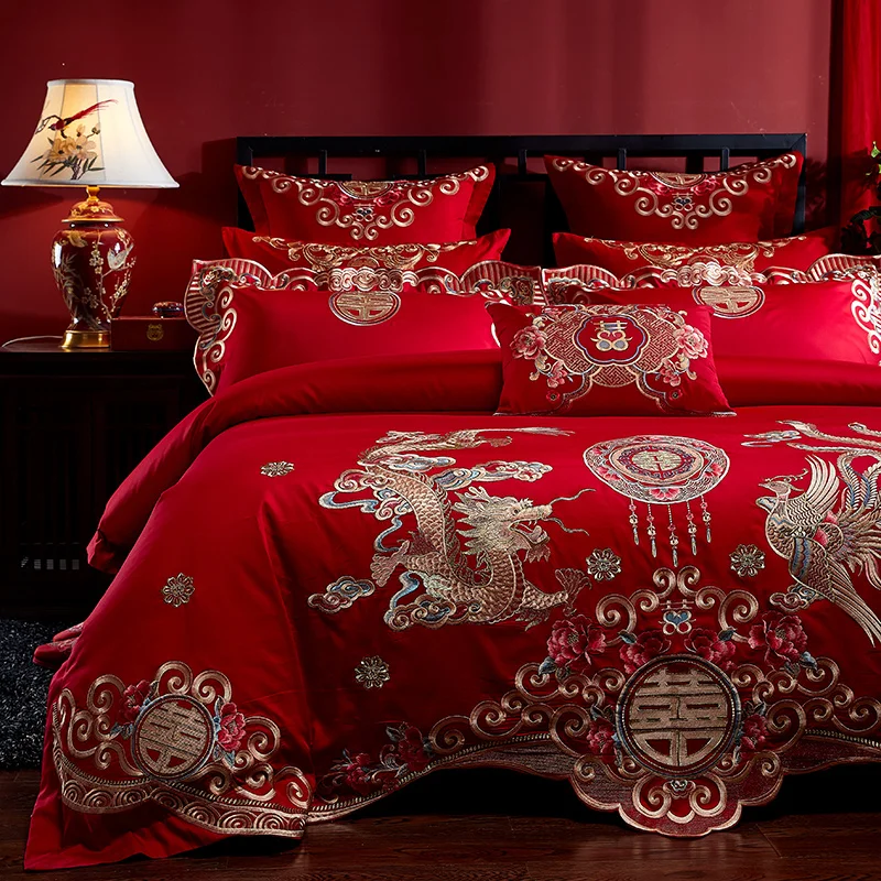 4/6/8pcs Golden Loong Phoenix Embroidery Bedding Set Egyptian Cotton Red Chinese Weddind Duvet Cover Bed Sheet Pillowcase