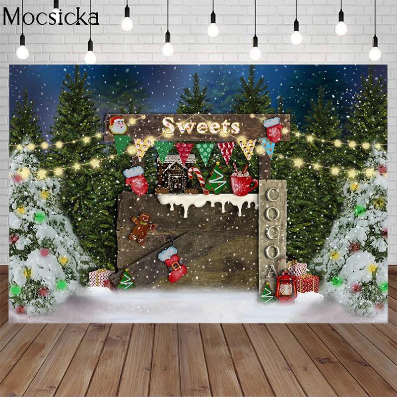 

Christmas Sweet Candy Shop Photography Backdrop Pine Forest Snowfield Flash Light Decor Child Portrait Background Photo Studio