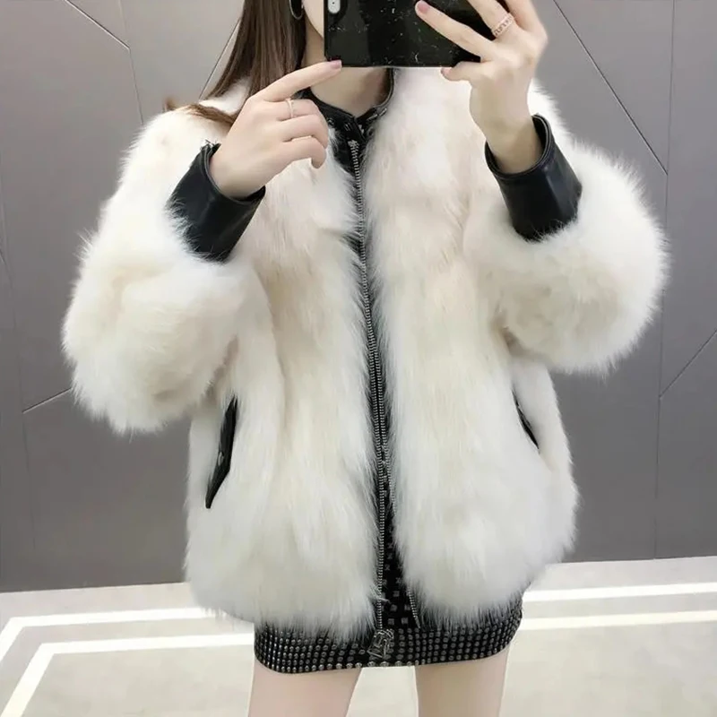 Novel Winter Fur Coat Women's Faux Fox Fur PU Leather Thick Plush Coat Elegant Thick Warm Outerwear Fake Fur Jacket Chaquet