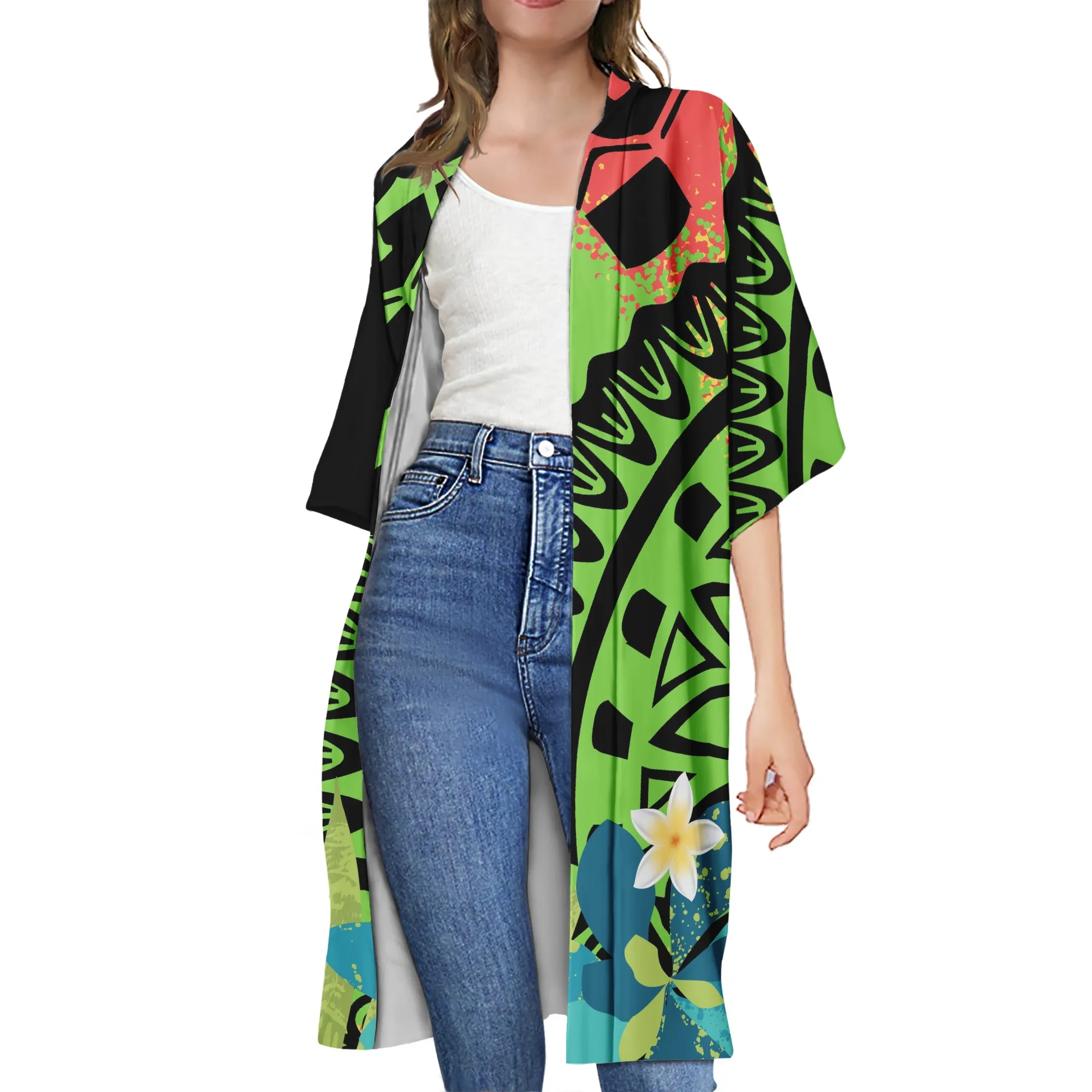 Wholesale customized fashion beach long cardigan printed Polynesian tribe Hawaiian style women's long kimono women's clothing