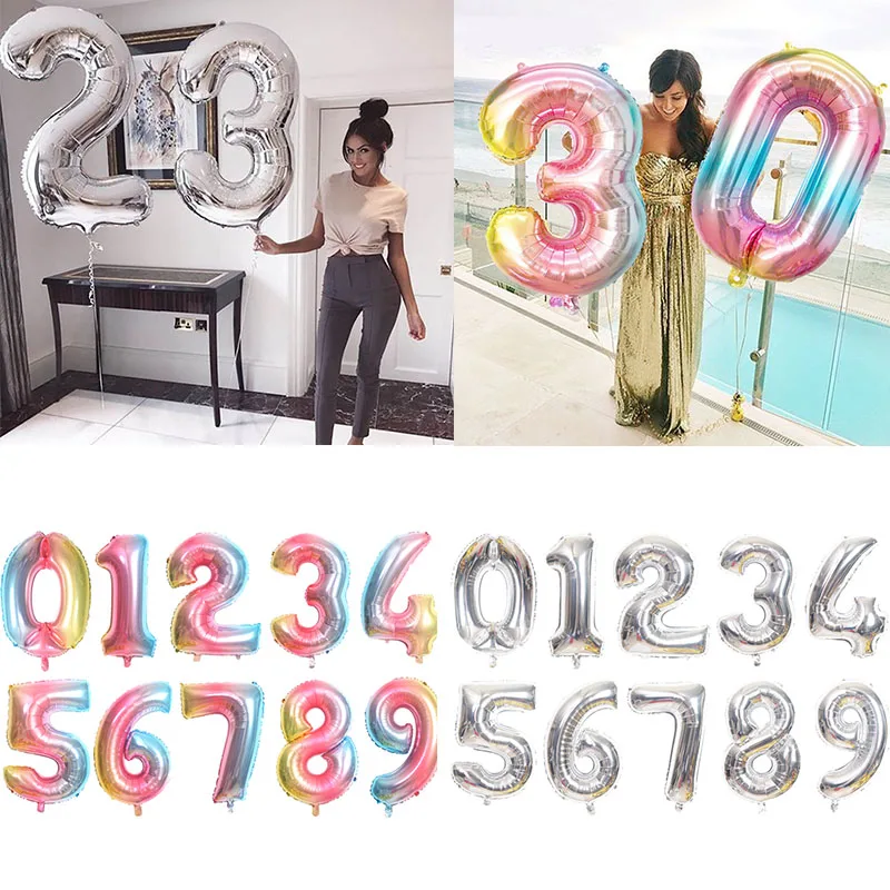 16 32-calowych dużych tęczowych balonów numerycznych 0 1 2 3 4 5 6 7 8 9 Cyfrowe balony z helem Dekoracje ślubne Urodziny Dziecko