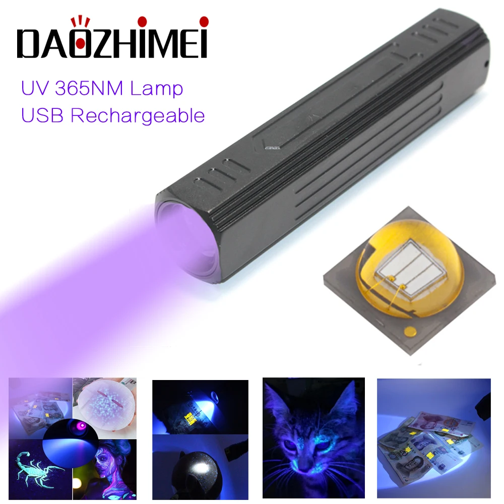 Powerful 365nm UV Torch 5W Ultra Violet Light USB Rechargeable Blacklight with Pet Urine Stains Gemstone Detector As Power Bank