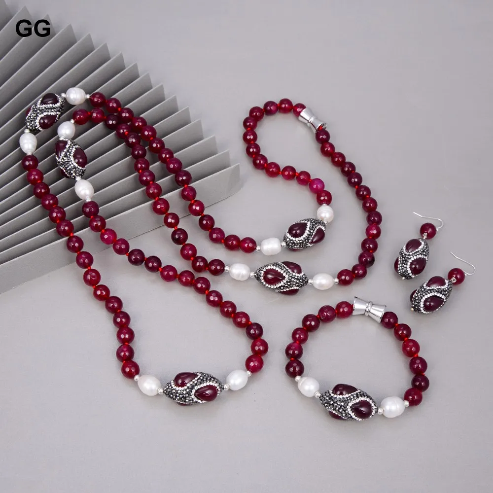 GuaiGuai Jewelry Natural Cultured White Rice Pearl Fuchsia Agate Sweater Chain Station Long Necklace Bracelet Earrings Sets