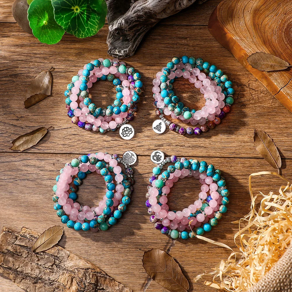 108 Beads Buddhist Mala Wrap Stack Layer Bracelet for Woman Rose Quartz Purple Japer Turqoise Amazonite and Lotus Free Shipping