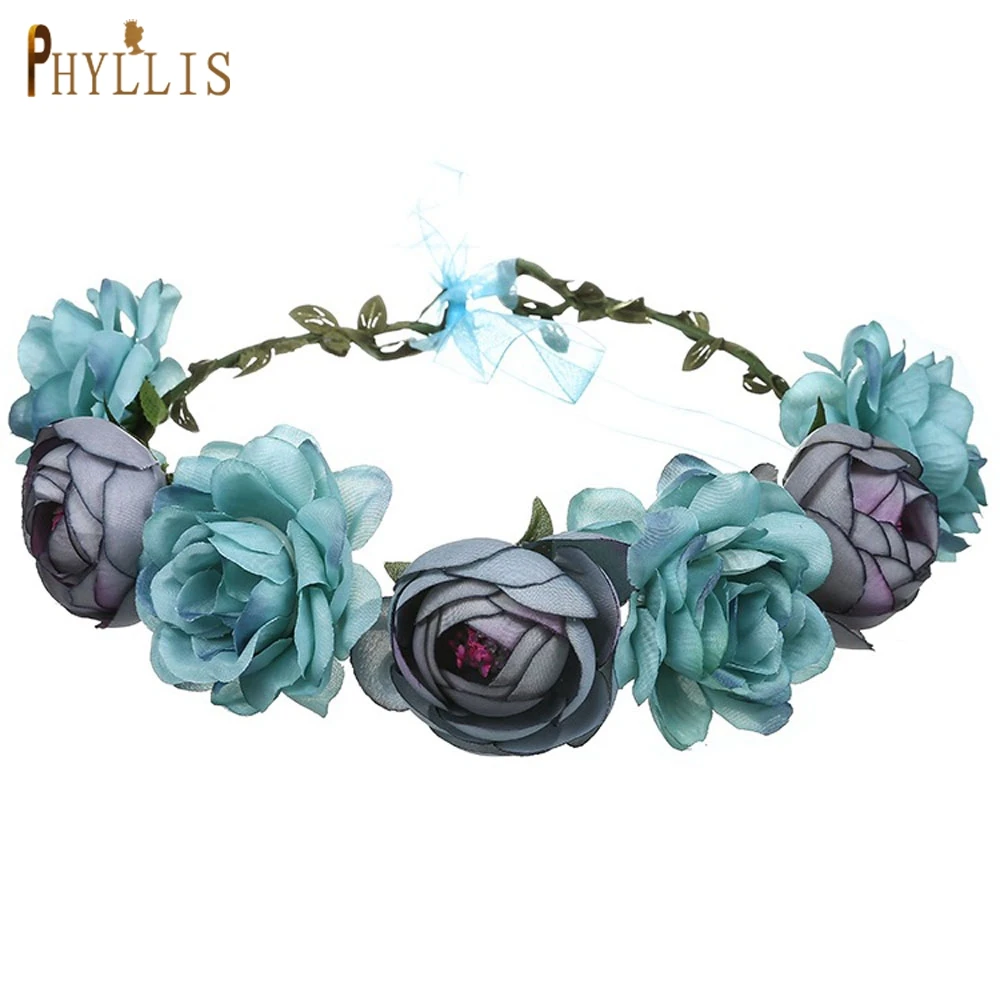 A65 Blue Flower Heaband Handmade Women Girl Tiara Garland Headpiece Wreath Crown Festival Headwear Hair Accessories Headdress