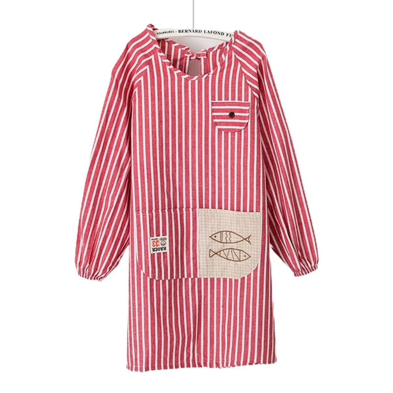 Long-Sleeved Kitchen Stripe Aprons with Pockets For Women Cooking Baking BBQ and Gardening Cleaning Work Creating Art