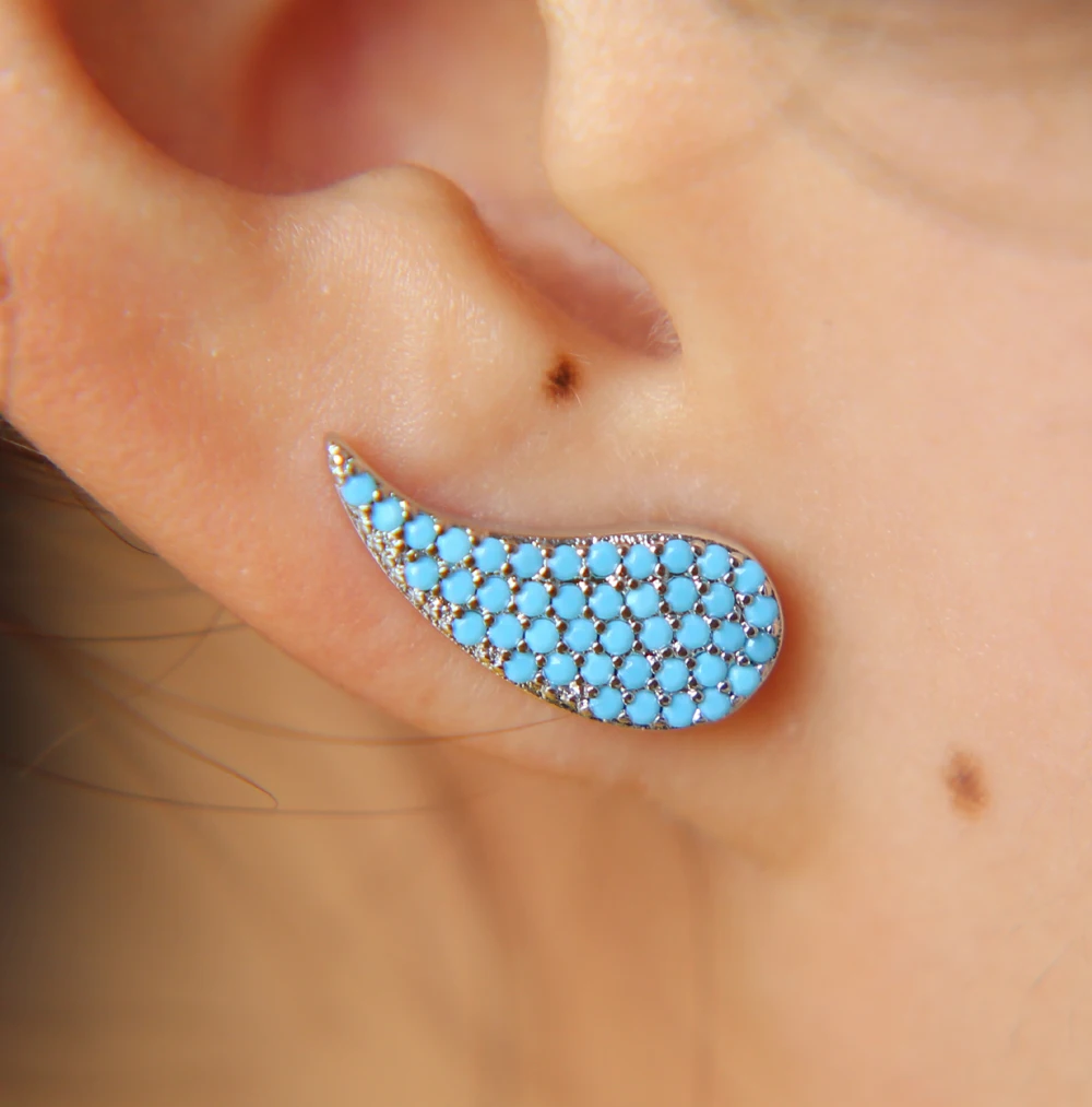 

New 100% 925 Sterling Silver luxury blue stone AAA turquoises micro pave long ear wire climber wing girl silver earring