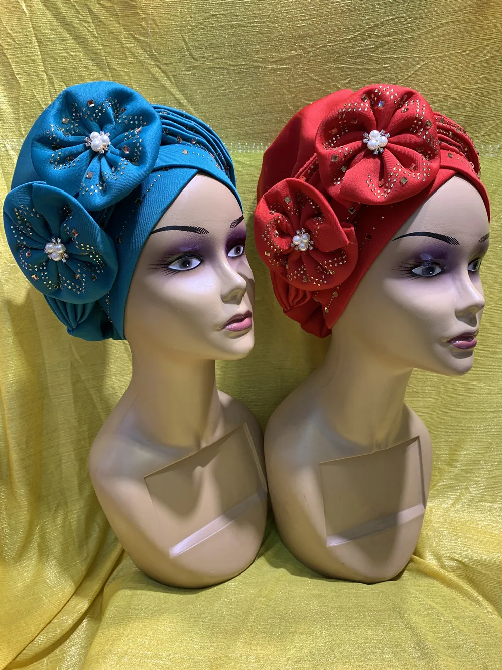 

Newest Already Made Turban Caps With Big Flower Beads African Gele Headtie Turban HeadWrap Headband Accessories 12pcs/pack