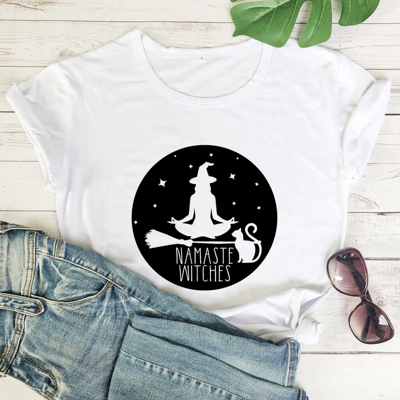 Namaste witches-女性のためのヴィンテージコットンTシャツ,ハロウィーンのパーティーシャツ,女性のための面白い魔女の瞑想,ヨガワークトップ,シャツ100%