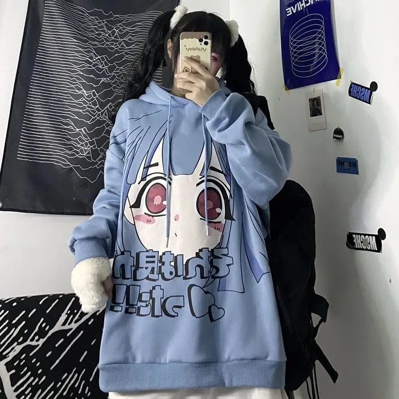 Qweek Goth Harajuku Hoodie Punk Anime Oversized Sweatshirt Graffiti Hoodies Vrouwen Cartoon Print Hoodie 2021 Streetwear Vrouwen