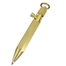 ACMECN New Arrival 90mm Mini Pocket Ball Pen with key ring Pure Brass Ballpoint Pen Gun Style Hexagonal Copper Tactical Pens