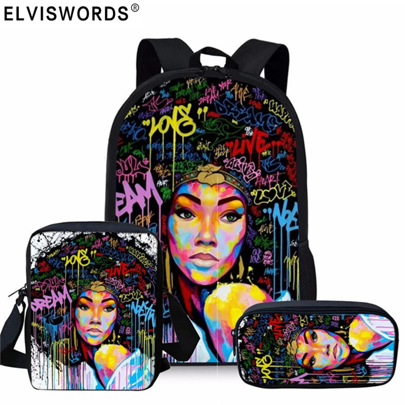 ELVISWORDS, mochilas escolares para adolescentes, 3 unids/set, arte africano, estampado de chica, bolsas de libros para mujer, Mochila escolar de viaje para niñas, niños, Mochila