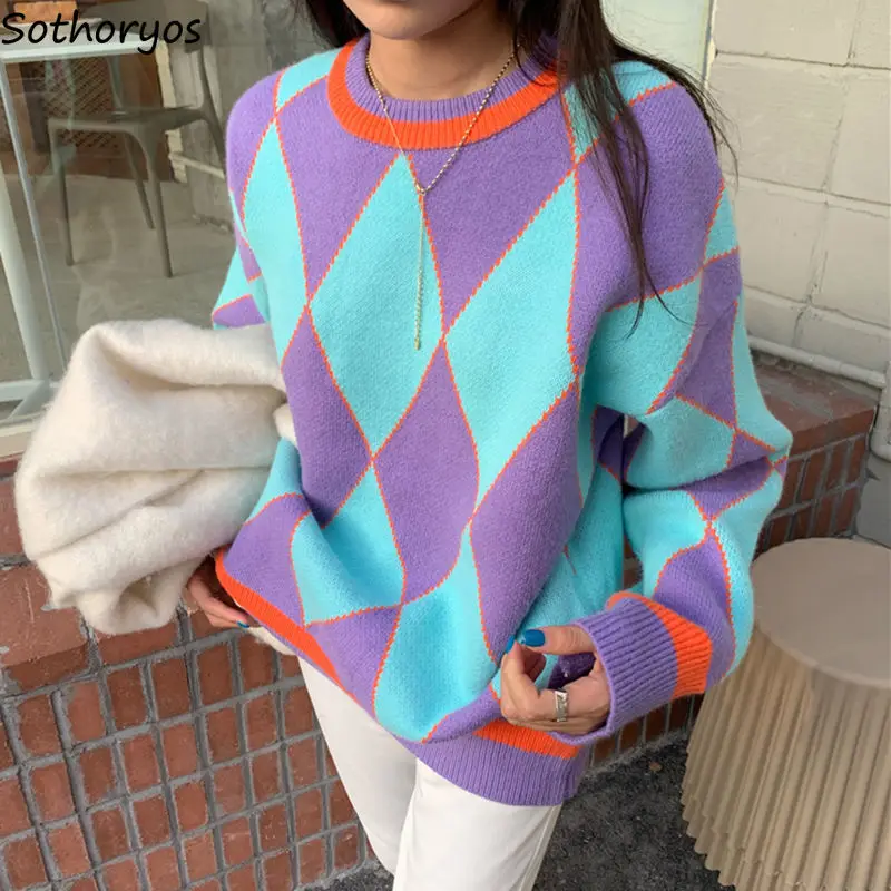 

Preppy Pullovers Women PopularSweaters Winter Thermal Elegant French Vintage O-neck Argyle Hipster Mujer Classic Popular Cozy