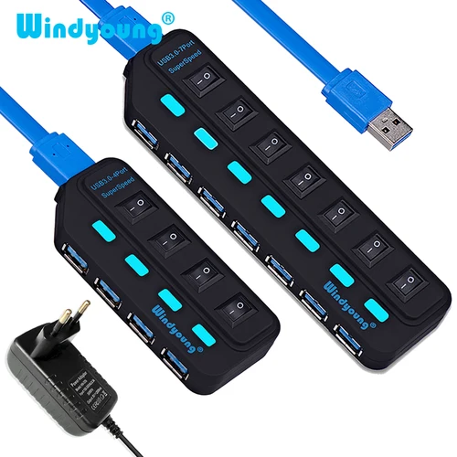 USB 3,0 HUB Multi USB Splitter 4/7 puertos Expansor USB 3,0 de alta velocidad Hab con adaptador de corriente USB 3,0 Hub con interruptor para ordenador portátil