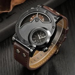 Oulm Fashion Creative Watch Men's Quartz Watches Top Brand Luxury Two Time Zone Leather Military Sport Wristwatch Male Clock