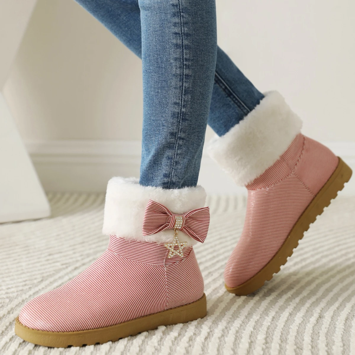 

Autumn 2021 Woman Snow Boots Flat Heel Winter Booties Ladies Shoes Chunky Booties Western Comfortable Pink Boots