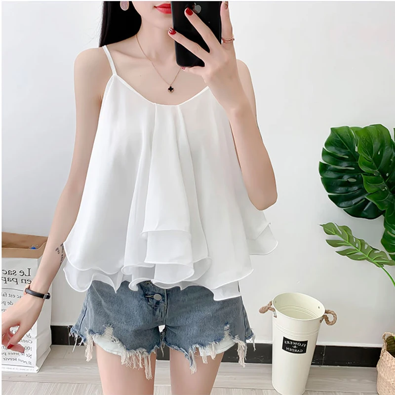 Summer Spaghetti Strap Women Sexy Indie Korean Cute White Pink Cami Tank V Neck Ruffle Irregular Chiffon Blouses Shirts Crop Top