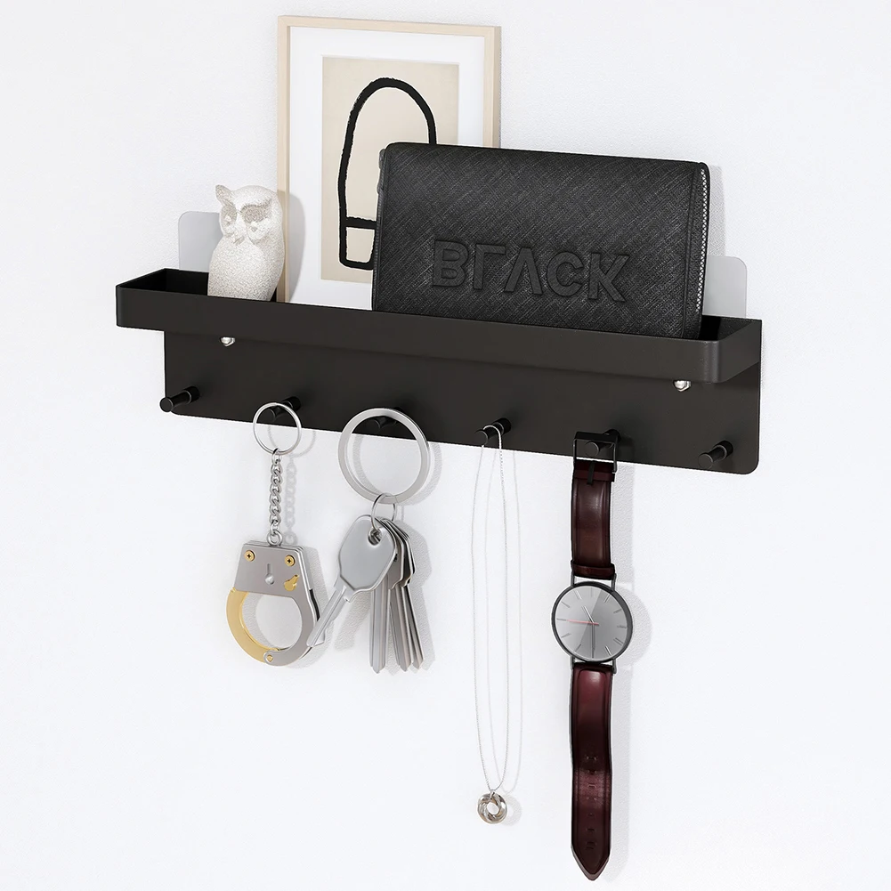 6 Hooks Wall Rack Shelf Modern Clothes Storage Rack Hook Towel Coat Hanger Key Chain Shelf Glove Storage Box Carbon Steel Black