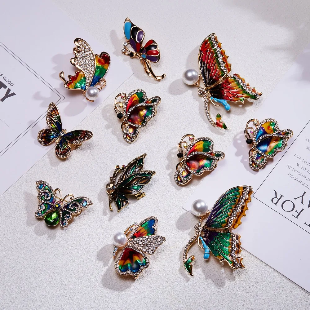 Vintage Bunte Schmetterling Broschen Kristall Strass Metall Emaille Pins Fliegen Insekt Tier Brosche Kleidung Schmuck Geschenke – Detail 32