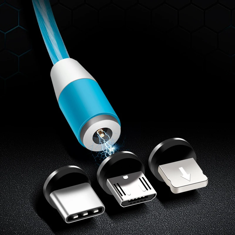 Magnetic Cable Flowing Light LED Micro USB Cable for Samsung Type C Charging for Xiaomi Huawei Magnet Charger Cord