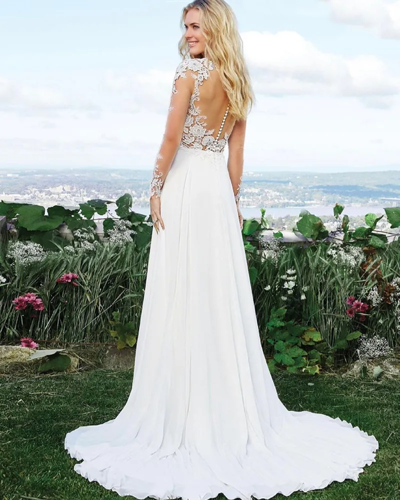 Bohemian V-Neck Chiffon Wedding Dress 2024 Lace Appliques Backless Long Sleeve Sweep Train Bride Gown Robe De Mariée Illusion