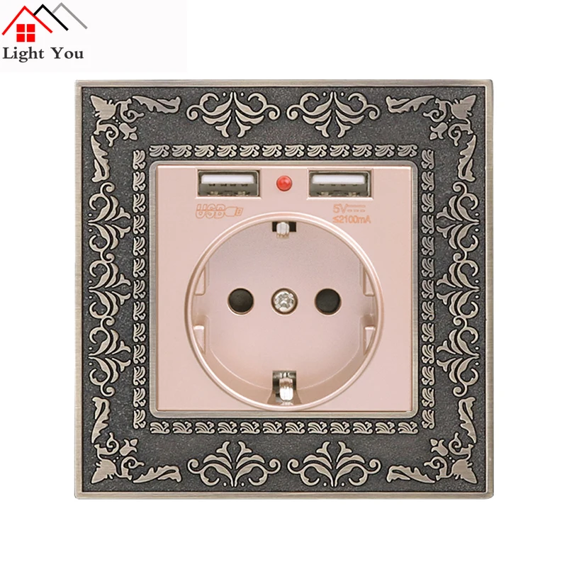 16A Gold EU Standard Power Wall Socket With Dual USB 2.1A Charging Port Embossed Panel Zinc Alloy High-end Retro Panel