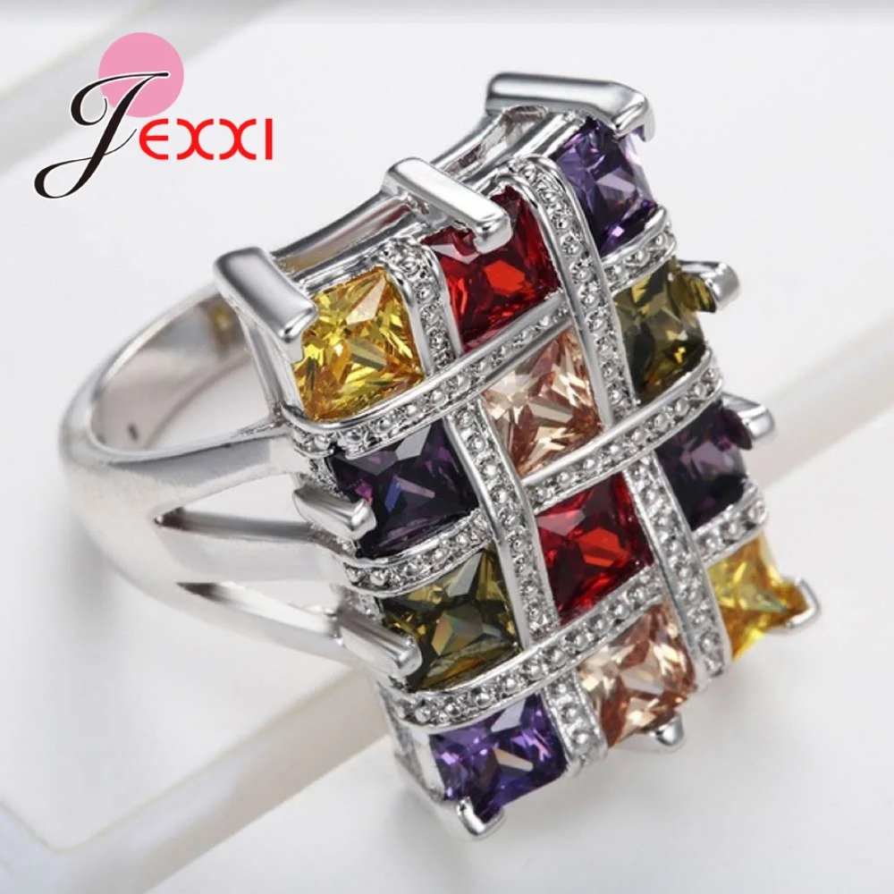 Boutique Women 925 Silver Needle Colorful Geometric Finger Rings Square Big Cubic Zircon Romantic Promise Engagement Jewelry